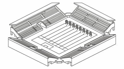 Isometric line drawing of indoor volleyball court with spectator stands. © Santy