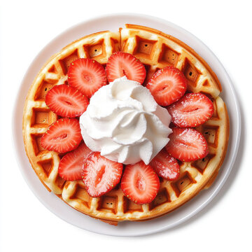 Top view of a delicious waffle topped with fresh strawberry slices and whipped cream on white plate.