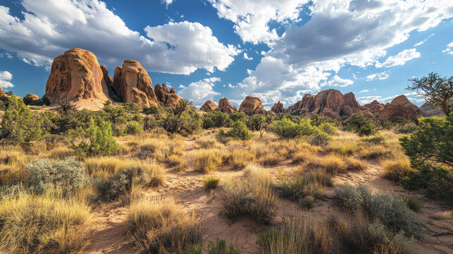 Scenic desert landscape with dry bushes, rock formations, and blue sky with white clouds.