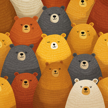 A group of cartoon bears with simple expressions are smiling