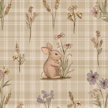 A cute rabbit sits in tall grass among wildflowers on a brown plaid background