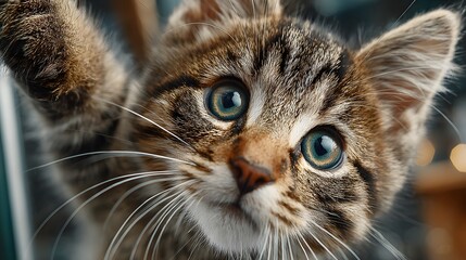 Fototapeta premium Close-up of an adorable tabby kitten with captivating green eyes.