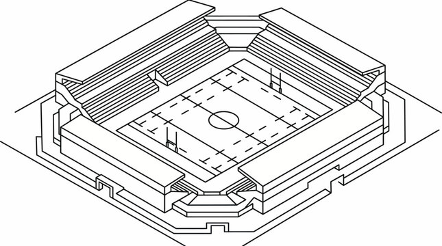 Isometric line drawing of a rectangular sports stadium blueprint.