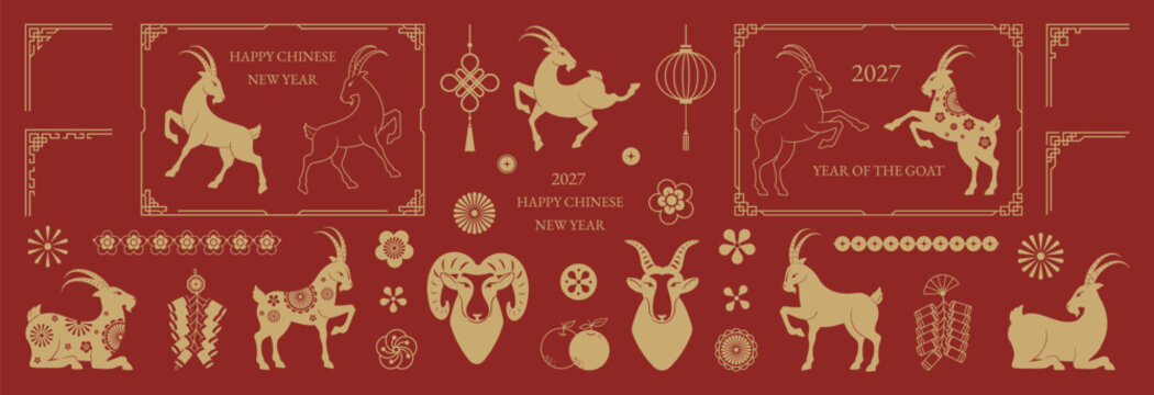 Happy Chinese New Year 2027 goat vector set. Red and gold zodiac animal collection with ornamental frames, lantern, flowers, firecrackers and festive Chinese decorative elements.
