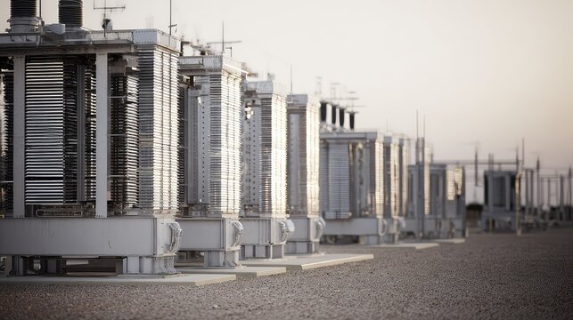 Electrical transformers and power distribution equipment convert and distribute high voltage electricity at an outdoor power station, ensuring reliable energy supply for communities and industries