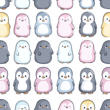 A pattern of cute cartoon penguins in various colors standing upright