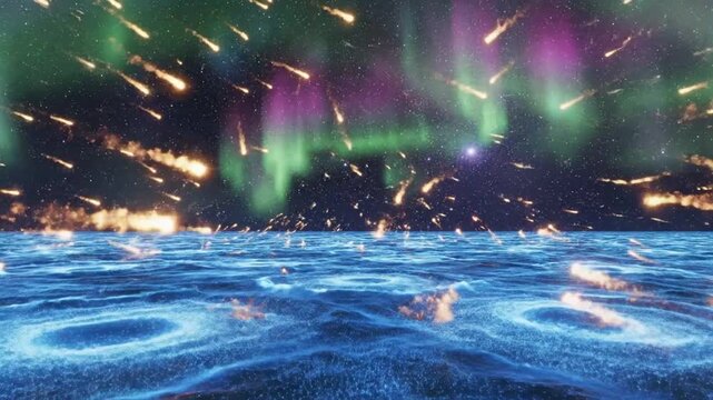 Epic meteor shower crashing into the ocean with vibrant aurora borealis and starry night sky