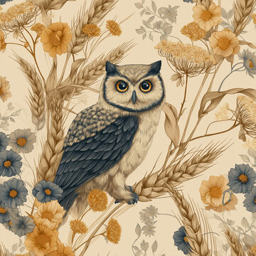 An owl sits among wheat stalks and wildflowers in a vintage pattern