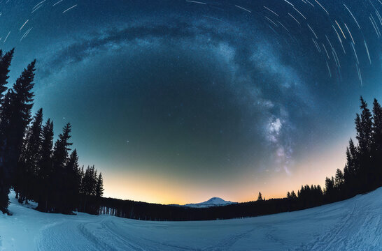 Starry night sky with Milky Way arch over silhouette of trees.