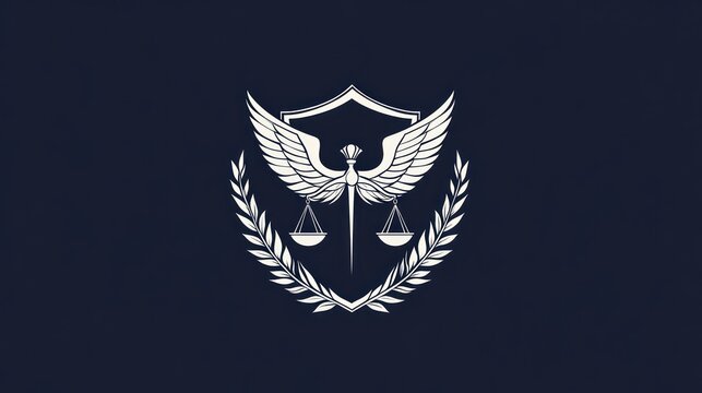 Elegant vector graphic of scales, wings, laurel wreath, and shield on a dark blue background