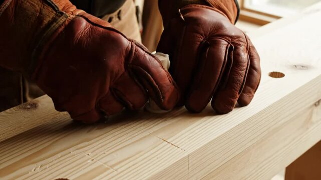 Craftsman using wood glue and a dowel to fill a hole in a wooden workbench