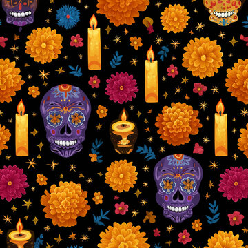 Day of the Dead sugar skulls and marigold flowers with candles create a festive pattern
