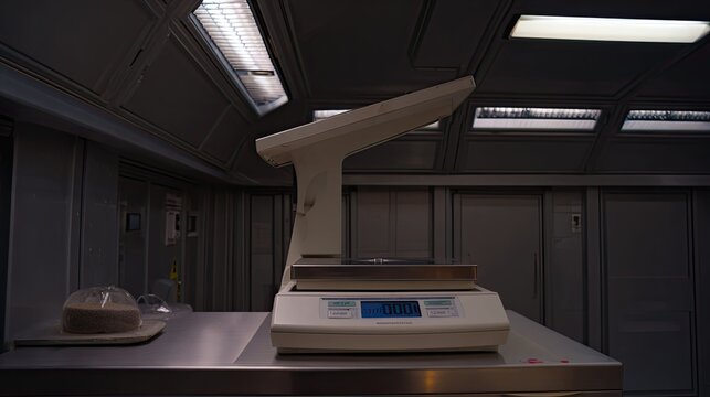 Electronic precision scale standing on a stainless steel counter in a controlled room, ready for accurate weighing and measurement procedures in a scientific or industrial setting