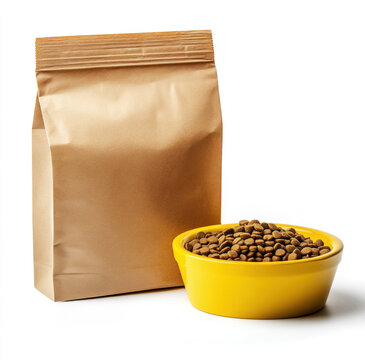 Brown paper bag mockup with a yellow bowl of dry pet food, isolated on white background.