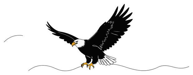 Fototapeta premium American bald eagle landing continuous one line drawing majestic bird of prey symbol of freedom vector art