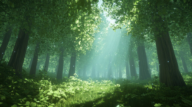 Sunlight shining through green forest trees, beautiful nature landscape and morning light.