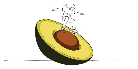 Single continuous line drawing of a skater riding on a giant avocado half Surreal concept combining healthy food and extreme sport Minimalist vector illustration © Wieslaw