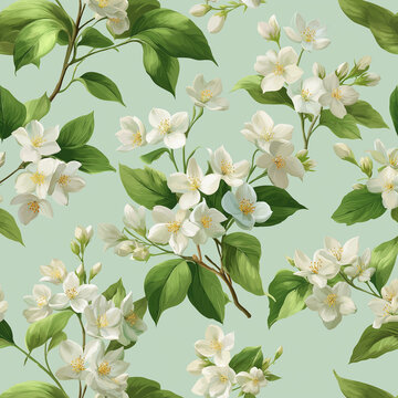Seamless pattern of white jasmine flowers with green leaves on a soft green background