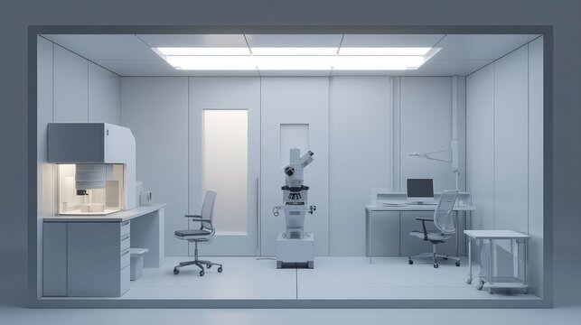Modern scientific laboratory is depicting advanced medical and biotechnology research, featuring a high tech automated microscope and specialized equipment in a sterile environment