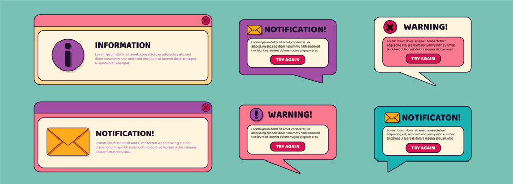 Retro Y2K ui reminder window with vintage interface design. Classic 2000s browser alert message: Error, notification, information. Nostalgic desktop vector icons and digital frame elements