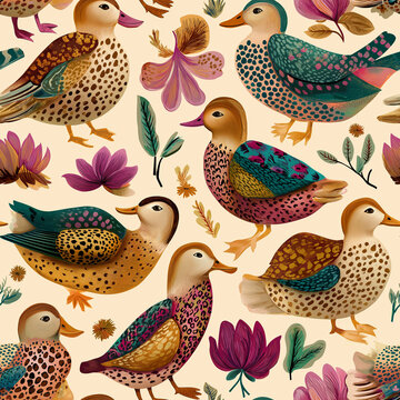 A seamless pattern featuring stylized ducks with vibrant plumage and decorative floral elements