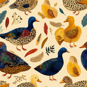 A pattern of stylized ducks and feathers in warm tones