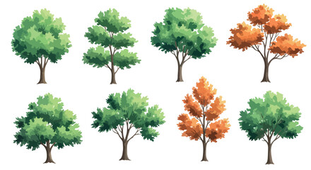 Fototapeta premium Watercolor tree collection with 8 vector elements, green and orange deciduous trees set, hand drawn forest foliage for landscape design