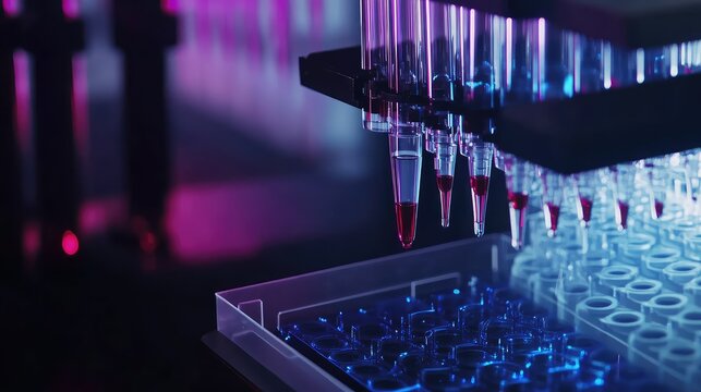 Automated pipetting system dispensing precise liquid samples into a microplates wells for high throughput scientific and medical research, diagnostics, and drug discovery