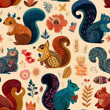 A whimsical pattern featuring stylized squirrels and colorful flowers