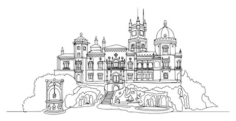 Fototapeta premium Single continuous line drawing of Quinta da Regaleira palace in Sintra Portugal Famous historic landmark and tourist attraction Minimalist vector illustration