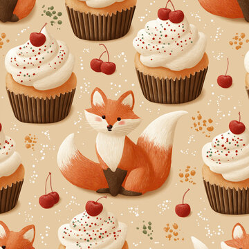 Cute fox sitting surrounded by decorative cupcakes with cherries and sprinkles