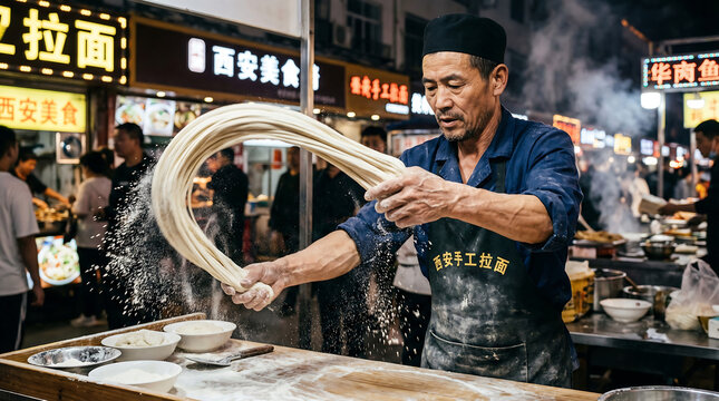 Close-up of veined hands stretching long noodles with motion blur and flour powder, hand-pulled noodles, Xi'an street food