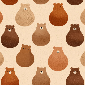 A repeating pattern of cartoon bears with different shades of brown
