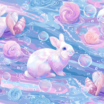 A white bunny sits calmly surrounded by soft pastel colored water and floating bubbles