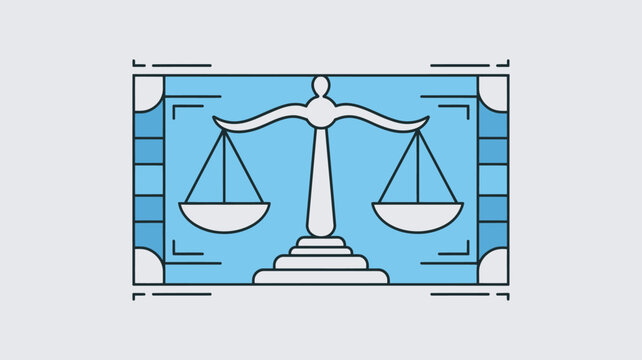 A graphic illustration of a scale of justice on a blue background, symbolizing fairness and law.