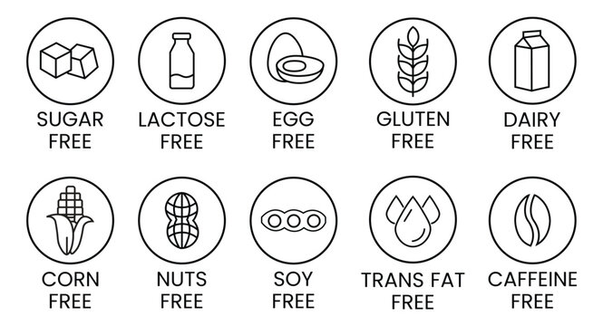 Set allergen free icons. Allergen free label products. Free lactose, gluten, sugar, corn, egg, trans fat, dairy, soy, nuts, caffeine, symbol, logo, badge, black, vector, isolated on white background