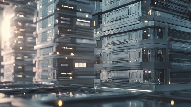 Digital servers and high tech components are forming intricate structures in a secure computing environment, representing advanced information systems and cloud technology