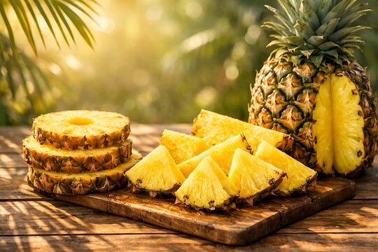 Fresh sliced pineapple chunks and whole fruit on wooden board with tropical palm leaves background