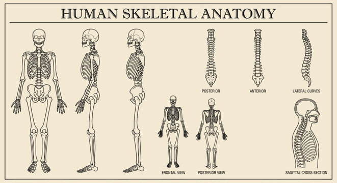 Human skeletal anatomy chart illustration poster design with diagrams of full body skeletons