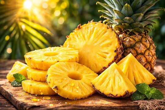 Fresh sliced ripe yellow pineapple chunks with whole fruit on rustic wooden surface tropical background