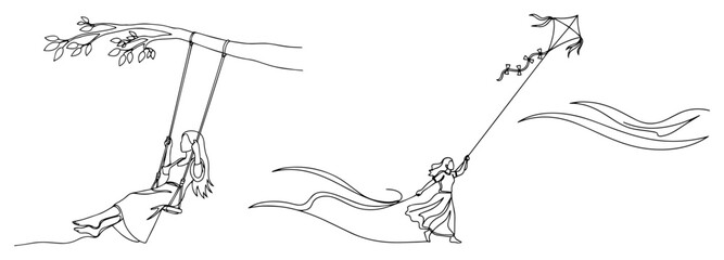 Single continuous line drawing of woman on swing and flying kite Childhood freedom and dream concept Minimalist vector illustration © Wieslaw