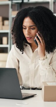 Laptop, headache and stress with woman in logistics office for feedback, mistake or review. Anxiety, backlog and computer with frustrated employee in supply chain warehouse for problem solving