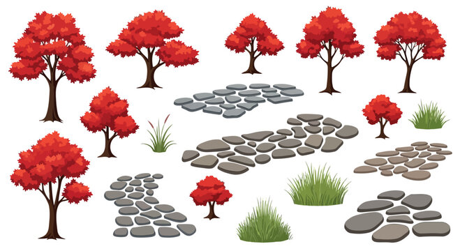 Autumn red trees and stone path collection, flat vector landscape elements set, fall foliage and garden walkway icons for game design