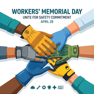 Workers Memorial Day Illustration with Diverse Hands in Safety Gloves for Occupational Health and Safety Awareness