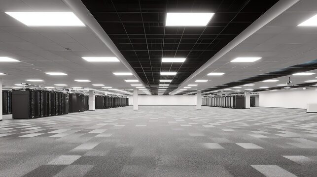 Empty server room interior with rows of blank server racks and raised access flooring, creating a controlled environment for future data processing and hosting infrastructure