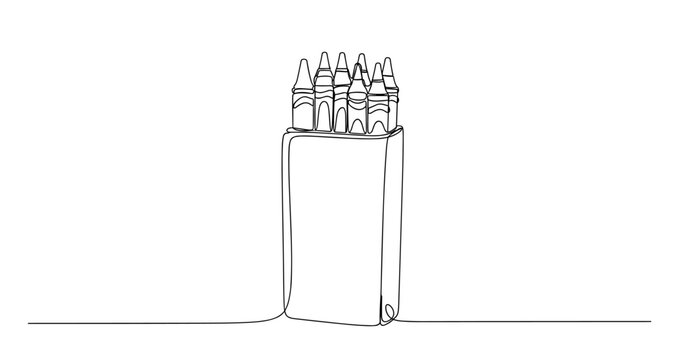 Continuous line drawing of a box of crayons with creative design. no editable stroke