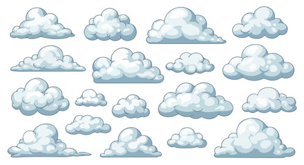 Fototapeta premium Cartoon cloud vector set, fluffy white cumulus clouds collection, 16 stylized sky elements for game design and weather icons