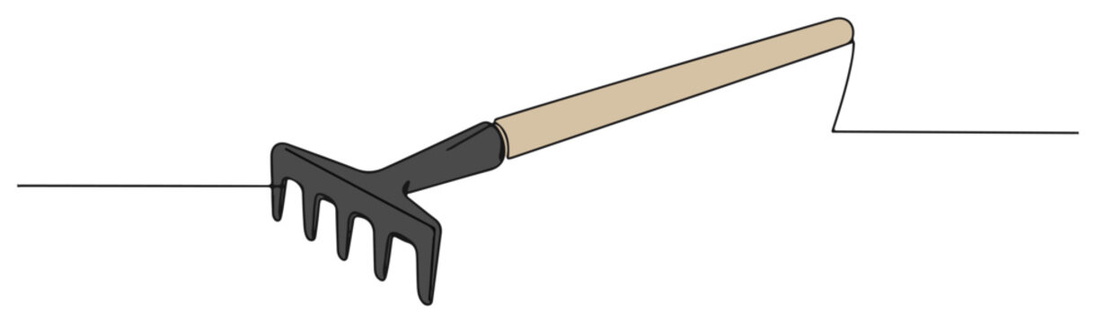 Garden rake tool for agriculture and yard work. Continuous one line drawing with color vector illustration.