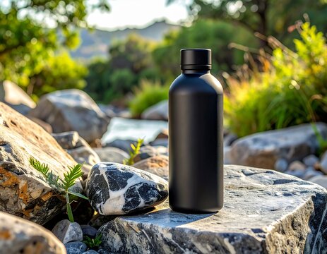 black bottle surrounded by rocks and greenery in warm sunlight with shallow depth of field creating natural lifestyle branding visual