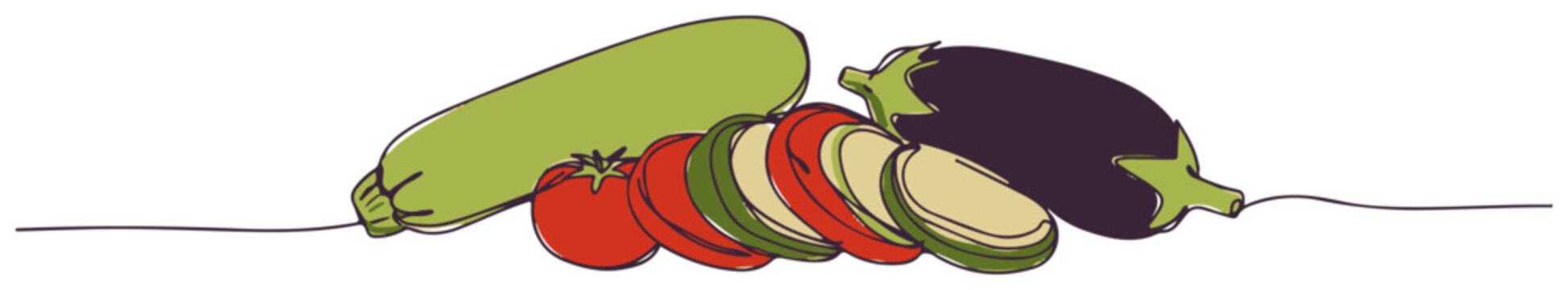 Fresh vegetables zucchini eggplant and tomato slices. Continuous one line drawing with color vector illustration.